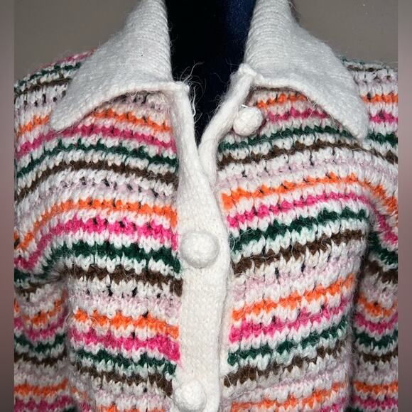 Zara Knit Bloggers Favorite Rainbow Stripe Button Up Lapel Cardigan Sweater Sz S - Picture 3 of 8
